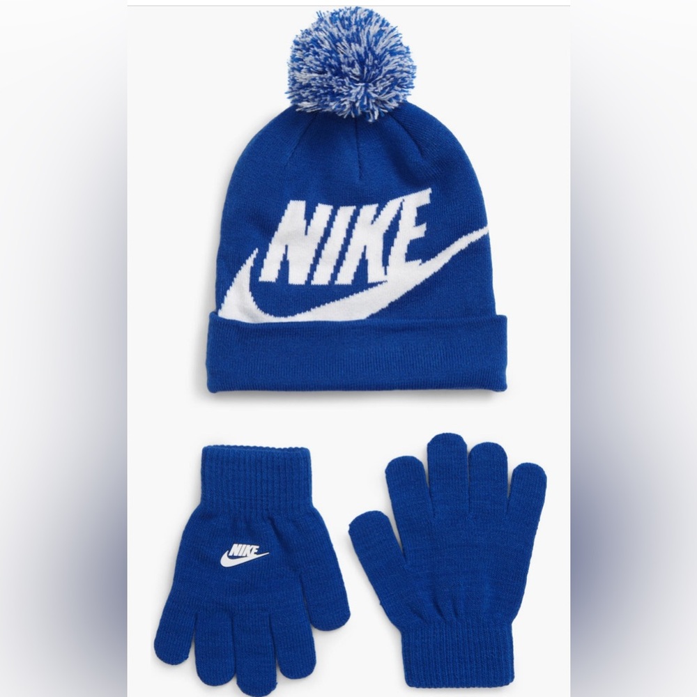 Nike boys Swoosh Pompom Beanie and Gloves Set in Royal Blue and White